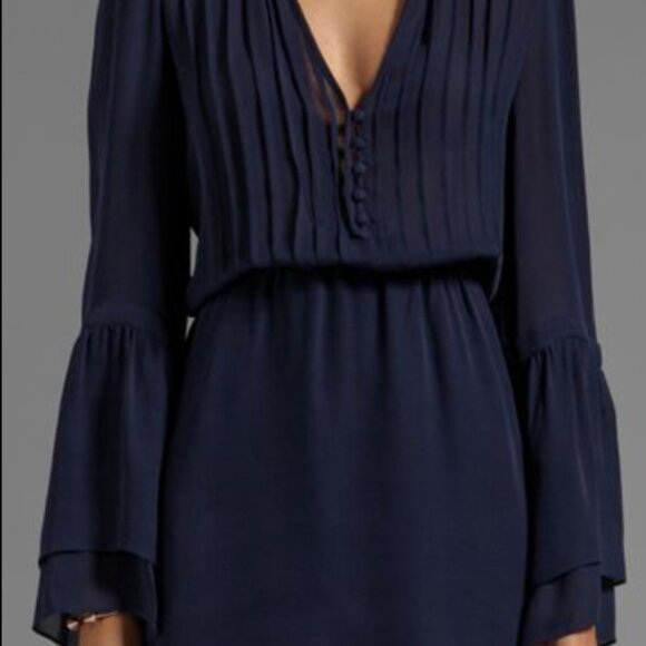 PARKER 100% Silk Navy Blue V Neck Ruffle Detail Mini Dress Short Cute XS - Picture 2 of 6